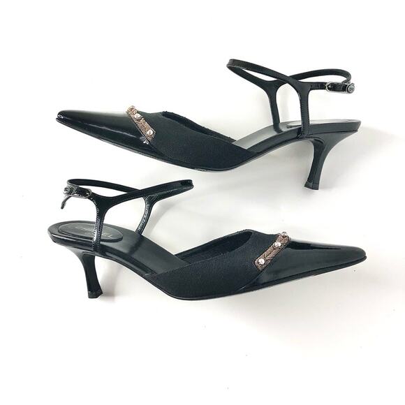 Vintage Chanel CC Logo Patent Cap Toe Pointed Toe Black Pumps 37 - Picture 4 of 9
